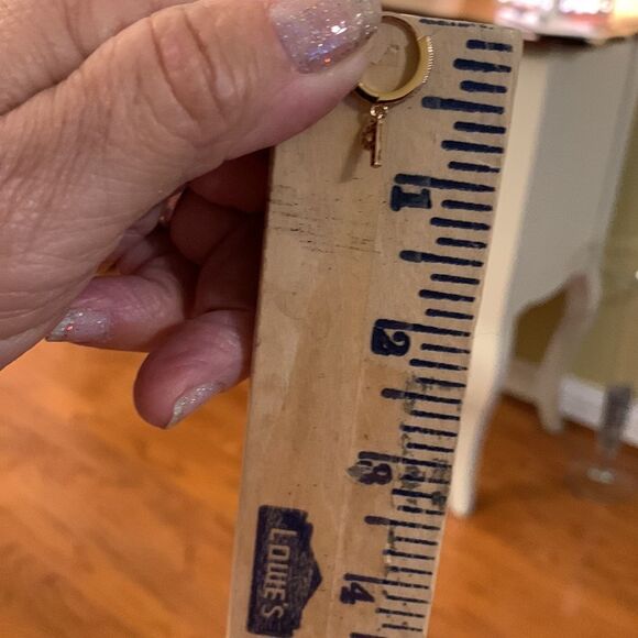 Tiny gold tone hoop earrings with initial P dangle - Picture 3 of 5